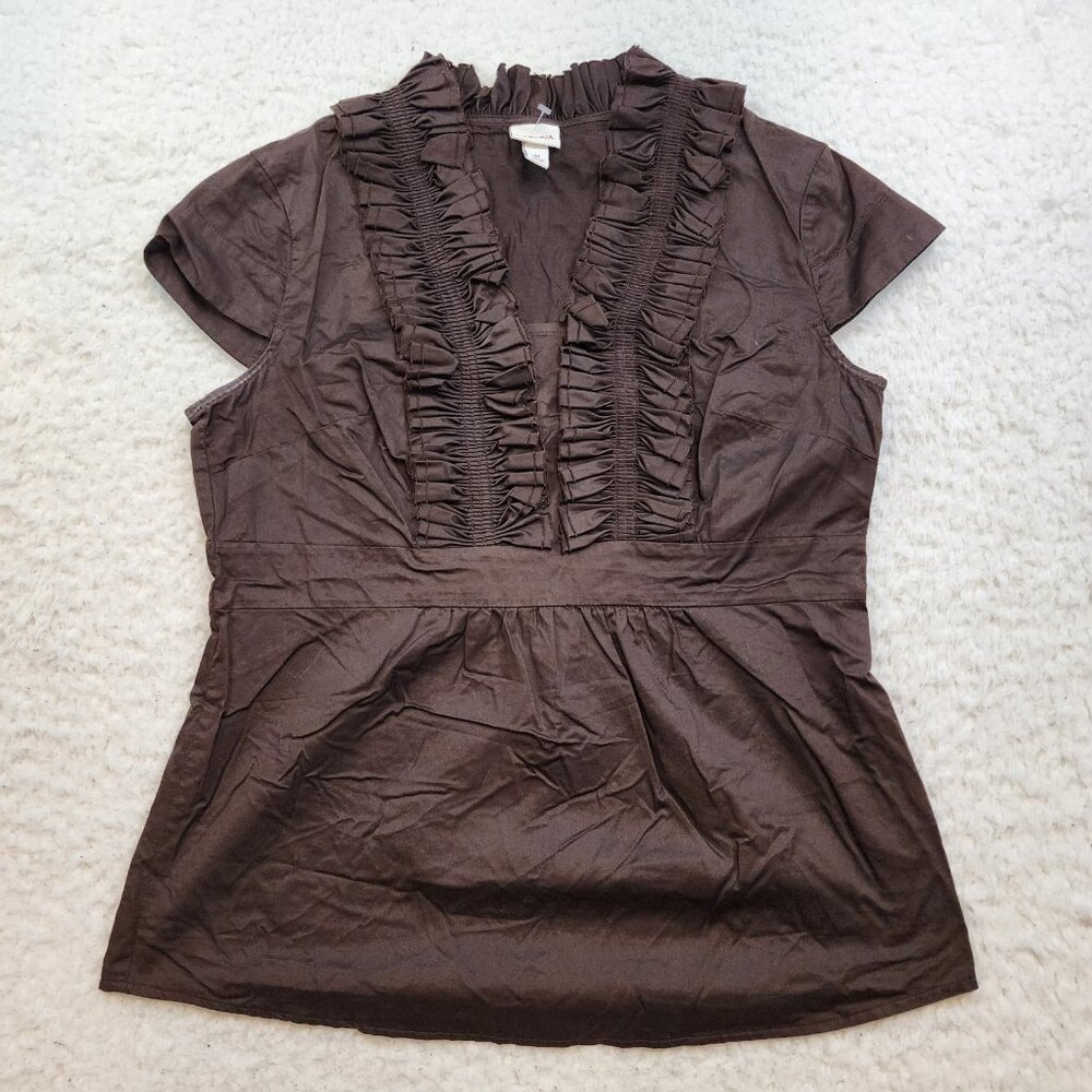 Vintage Merona Y2K Babydoll Ruffle Pleated M Chocolate Brown Cap Slv 90s 2000s
